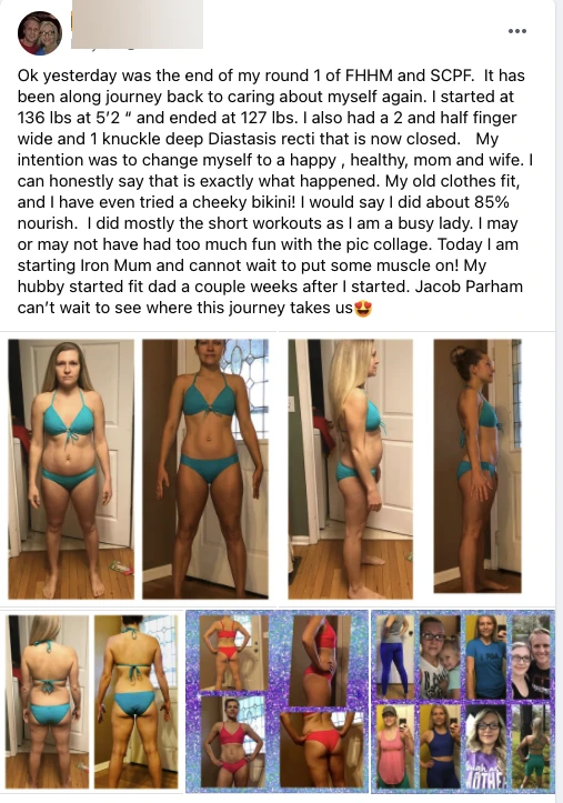 Specific proof: closed a 2.5-finger-wide, 1-knuckle-deep diastasis recti plus visible bikini transformation and weight loss.