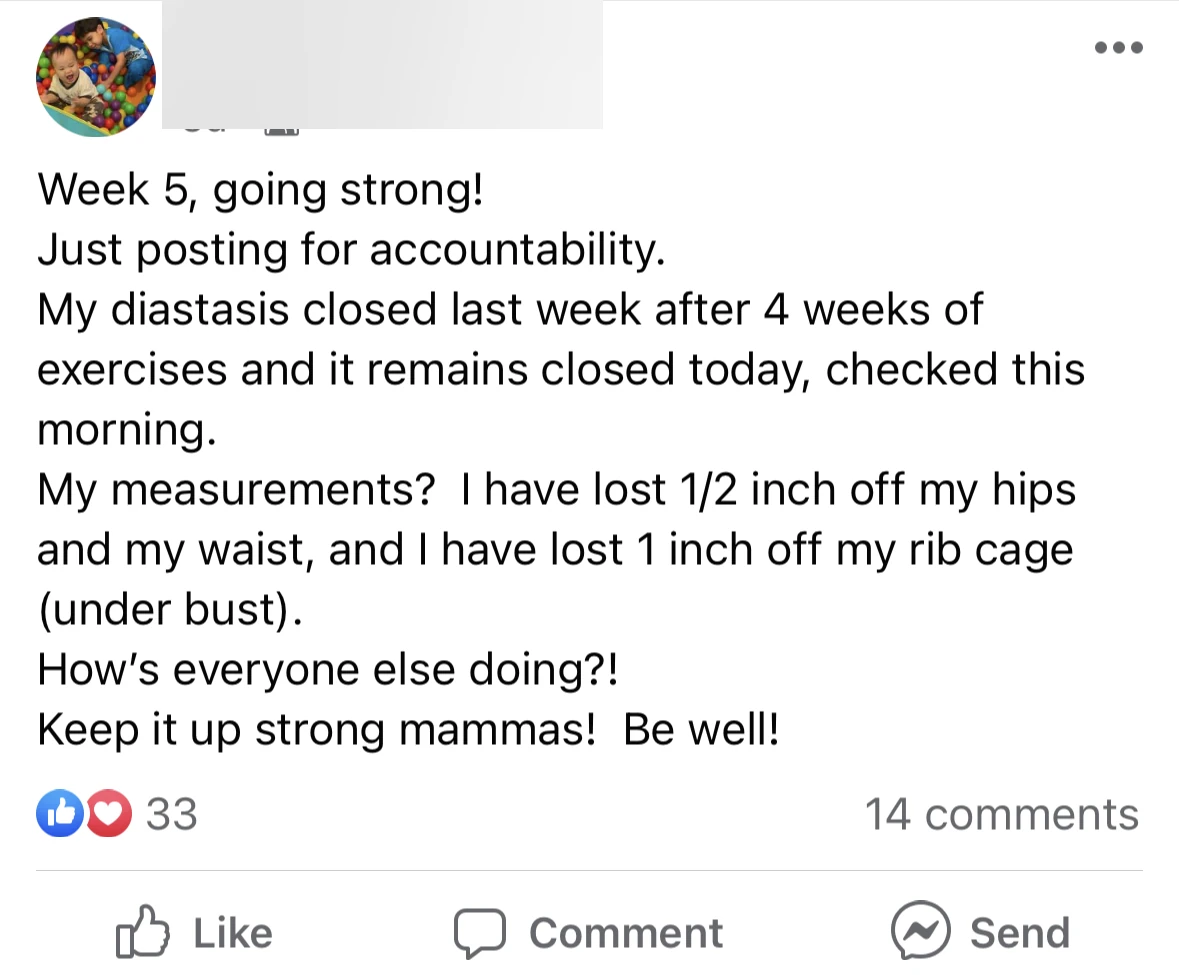 Specific proof: diastasis closed in 4 weeks plus measurable inch losses on hips, waist, and rib cage.