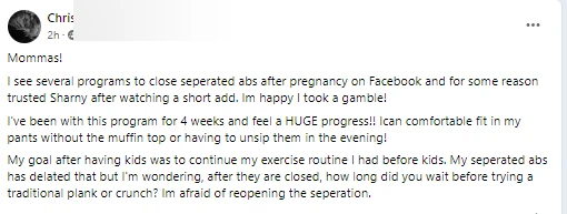 Specific 4-week proof point with tangible result — pants fit without muffin top.