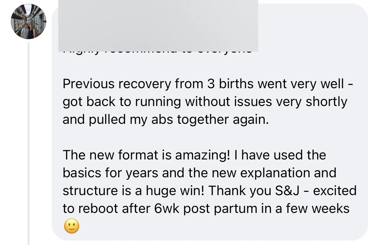 Specific proof across 3 births — returned to running and closed abs, with long-term use of the program.
