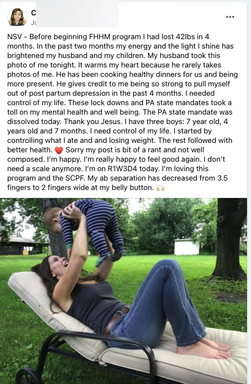 Specific proof points: 42lbs lost, ab separation 3.5→2 fingers, postpartum depression recovery, emotional family transformation.