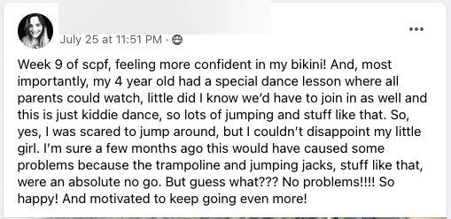 Specific proof point: jumping/trampoline activities that were previously impossible now cause zero pelvic floor issues, tied to an emotional moment with her daughter.
