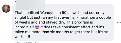 Specific proof point: ran first half-marathon at 50 and stayed dry — concrete, emotional, unique.
