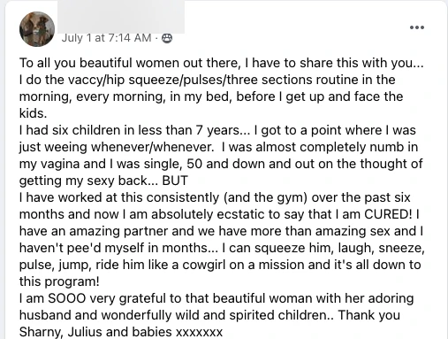 Specific, vivid proof: 50, single, six kids, numb, now cured with amazing sex and no leaks.