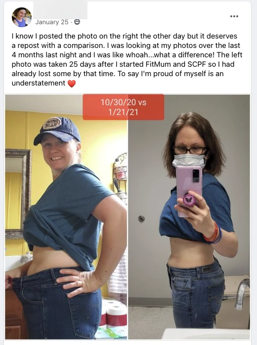 Strong visible side-by-side transformation with specific timeline (4 months) and emotional pride statement
