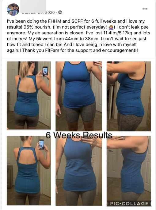 Specific stacked proof: ab separation closed, no leaks, 11.4lbs lost, 5k time improved 6min — plus visible transformation photos.